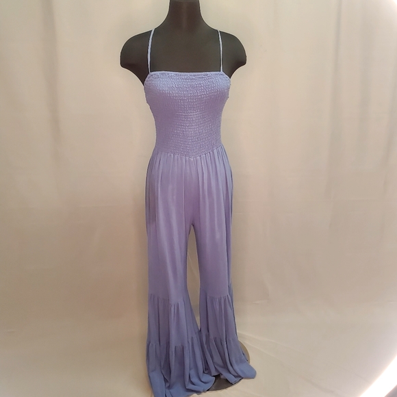 MainStrip Blue Cotton Boho Jumpsuit Flair Legs Ruffles Size L - Picture 1 of 6